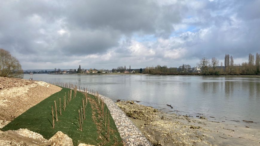 Des gabions et un talus végétalisé forment un mur de protection pour les berges de Seine. (Photo Radio France - Anne Bertrand)
